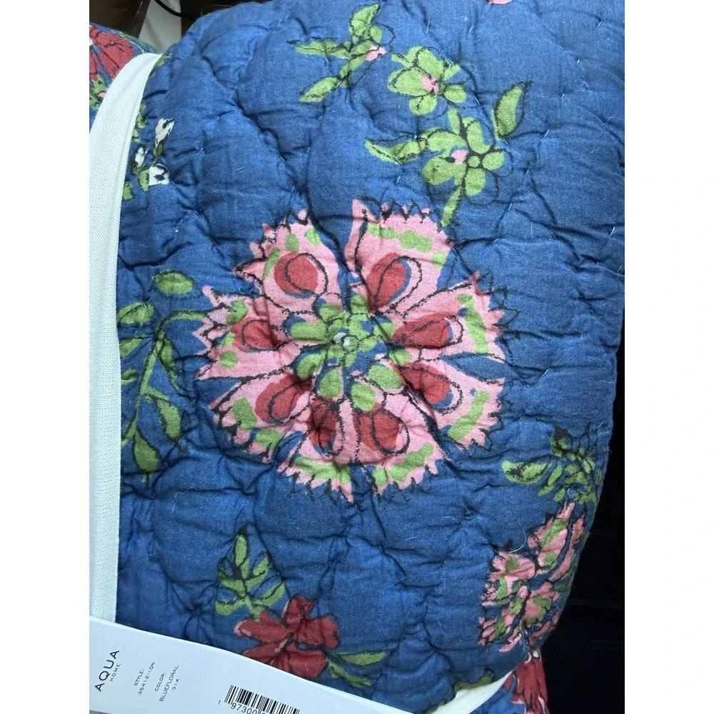 Aqua QUEEN Quilt & Shams Set Reversible Blue Toile Printed Floral Cotton Navy